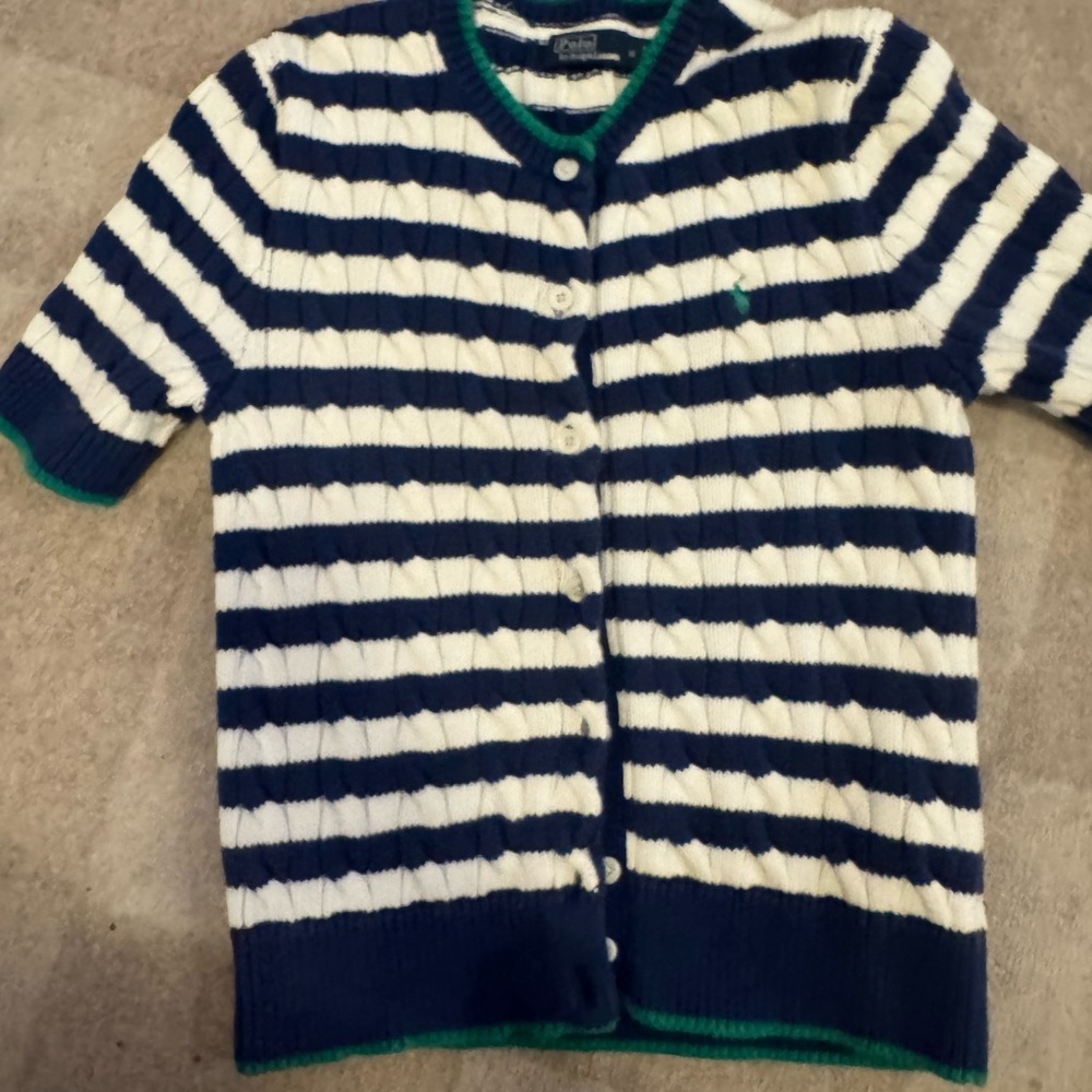 Ralph Lauren Navy & White Striped Knit Cardigan with Green Trim
